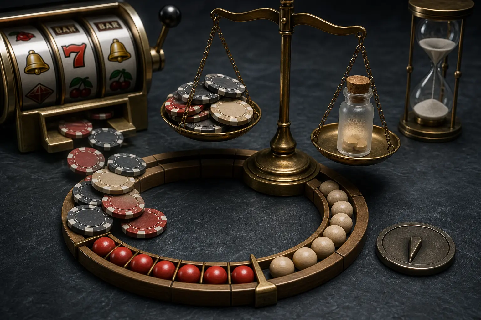 Still-life of casino chips, a balance scale and an hourglass, used as an overview visual for Limitless Casino in Canada
