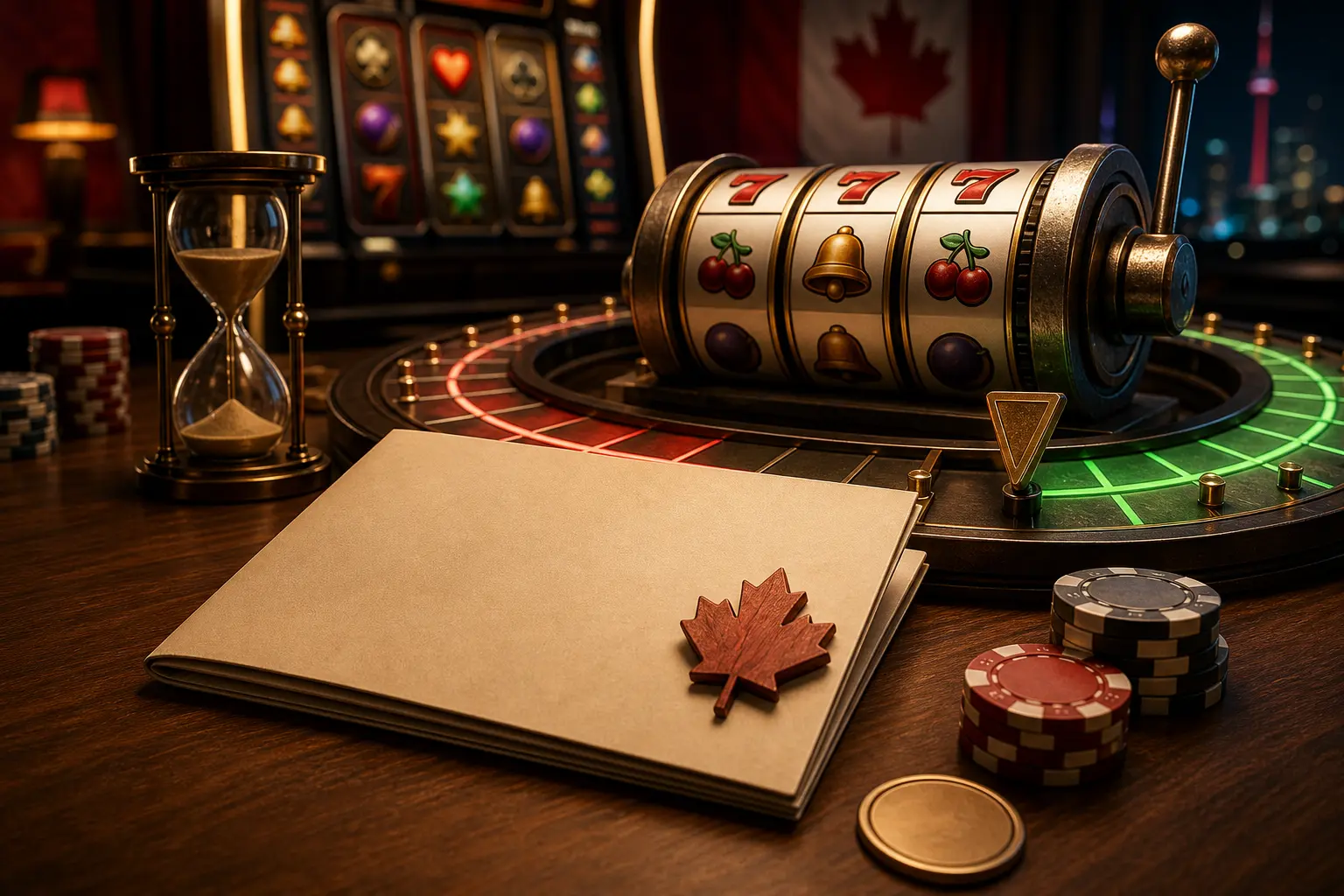 Premium tabletop scene with a slot machine, chips and a maple-leaf motif, illustrating Limitless Casino bonus terms for Canada